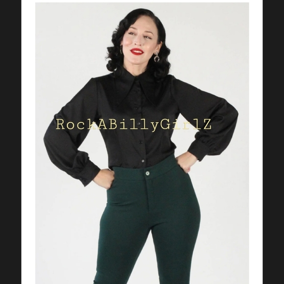 Tatyana 1940's Willow Ink Black Satin Blouse Pinup Bishop Sleeves w Arrow Collar - Picture 1 of 7